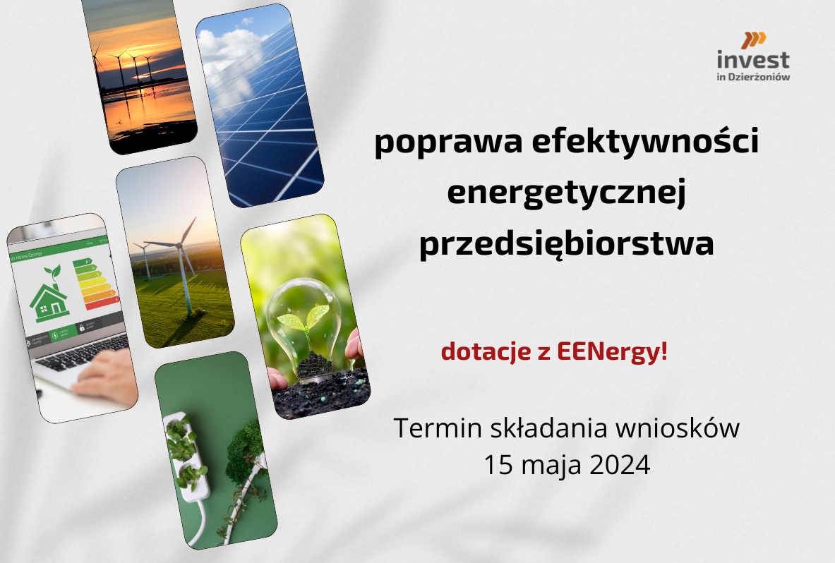 Poprawa efektywności energetycznej w ramach projektu EENergy. Termin składania wniosków 15 maja 2024. Po prawej stronie grafika dekoracyjna dotycząca ekologii. W prawym górnym rogu logo  Invest in Dzierżoniów.