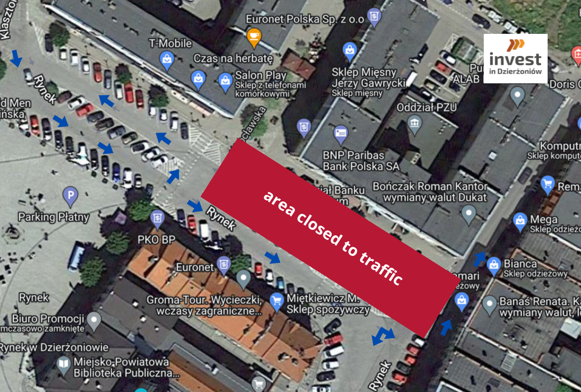 The area closed to traffic is marked in red. Aerial view of part of the Market Square in Dzierżoniów. Blue arrows indicate the direction of movement for vehicles.