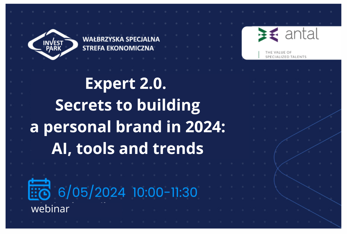 Inscription on a navy blue background: Expert 2.0. Secrets of building a personal brand in 2024: AI, tools and trends - online training. Date: May 6, 2024, 10:00 a.m. - 11:30 a.m. Logo of WSSE Invest-Park, Antal.
