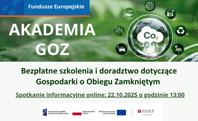 Akademia GOZ, Bezpłatne szkolenia i doradztwo dotyczace Gospodarki o Obiegu Zamkniętym. Spotkanie informacyjne 22.10.2025, godz. 13:00. Zastosowano grafikę dekoracyjną