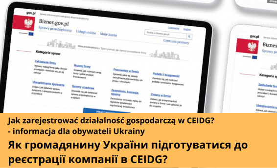 Tablet z otwarta stroną internetową Biznes.gov.pl, na dole napis w jezyku polskimi ukraińskim: Jak zarejestrować działalność gospodarczą w CEIDG?  - informacja dla obywateli Ukrainy