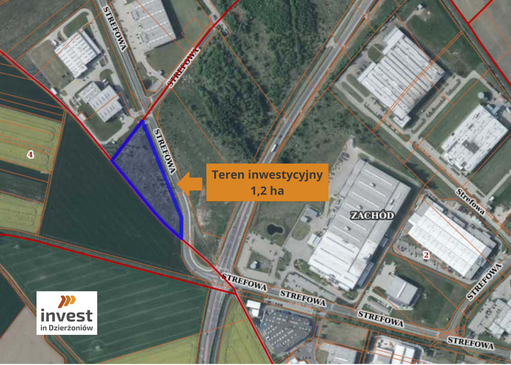 A section of the map with the outline of the plot marked. Investment area 1.19 ha. Invest in Dzierżoniów logo