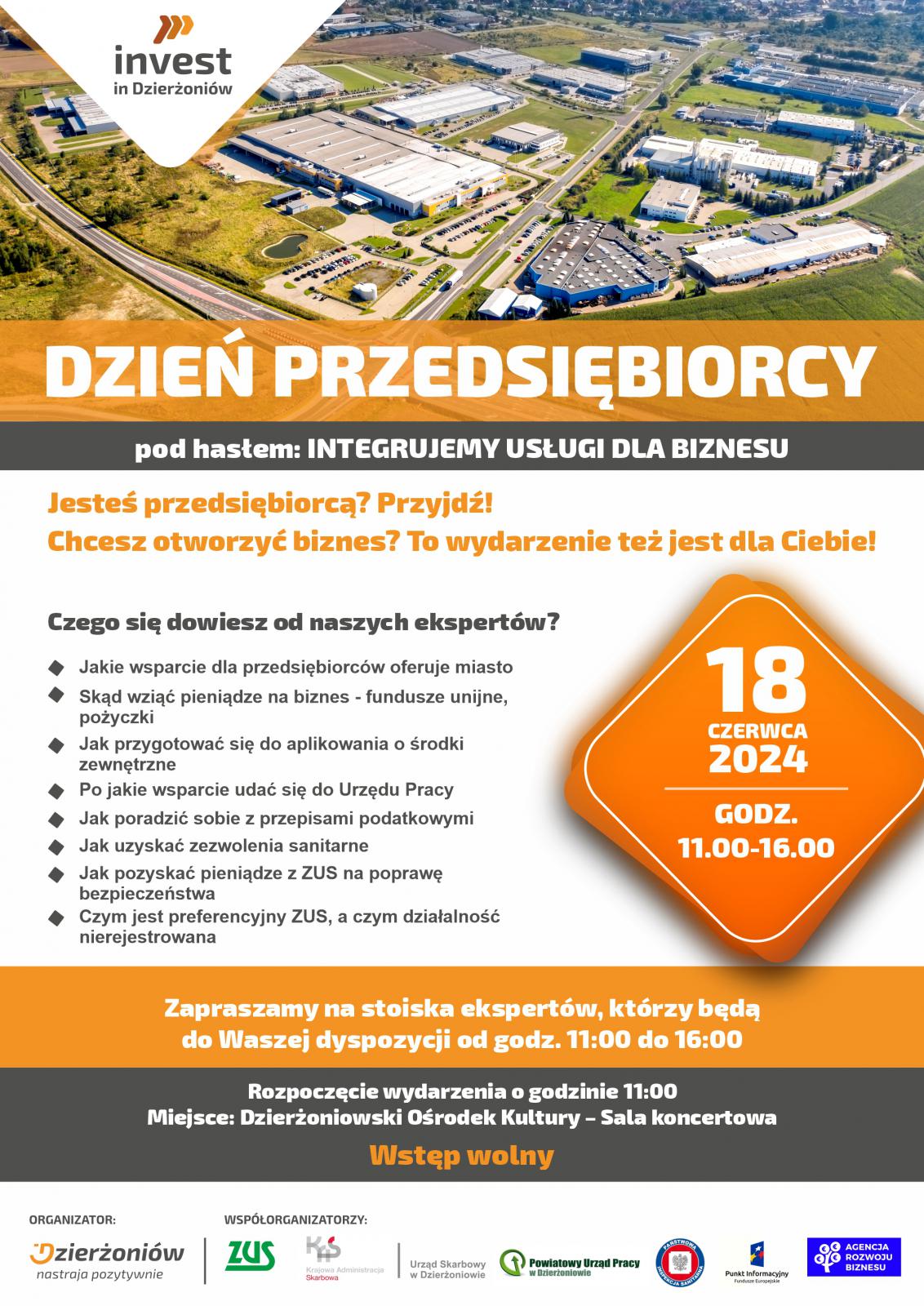 Dzień Przedsiębiorcy. Termin 18 czerwca 2024.Loga Organizatora oraz Współorganizatorów Wydarzenia. Widok na teren przemysłowy.