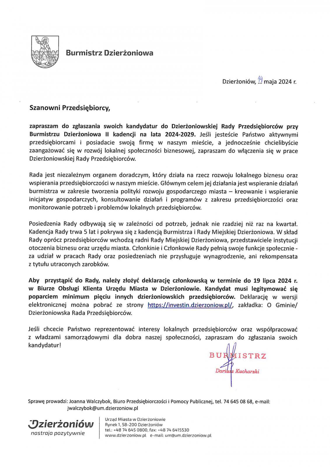 Treść zaproszenia Burmistrza do Dzierżoniowskiej Rady Przedsiębiorców. Wersja dostępna znajduje się poniżej.