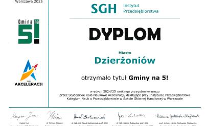 Diploma for Dzierżoniów awarding the title 'Municipality with a Grade of 5!'. On the left side, there are logos, and at the bottom, signatures of representatives of the Warsaw School of Economics.