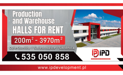 Invest-Park Development leaflet presenting the offer of production and warehouse halls for rent at 21 Strefowa Street in Dzierżoniów. The content is consistent with the information provided on the website.