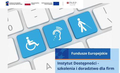 Klawiatura komputera z trzema niebieskimi klawiszami zawierającymi grafiki osób z niepełnasprawnościami.