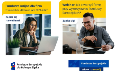 Grafika promująca dwa webinaria Funduszy Europejskich dla Dolnego Śląska: po lewej „Fundusze unijne dla firm 2021–2027”, po prawej „Jak otworzyć firmę przy wykorzystaniu Funduszy Europejskich”