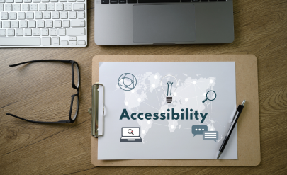 Graphic with the word “Accessibility” and icons representing digital technologies and communication.