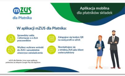 Grafika ZUS prezentująca niektóre funkcjonalności aplikacji mZUS dla Płatnika