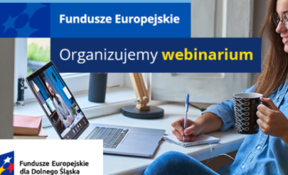 Annoucement for the webinar - in the background a woman taking part in an online training