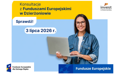 Grafika promująca konsultacje z Funduszami Europejskimi w Dzierżoniowie. Termin spotkania: 3 lipca 2026 r. Na grafice widnieje uśmiechnięta kobieta trzymająca laptop oraz logotypy programu Fundusze Europejskie i Invest in Dzierżoniów.