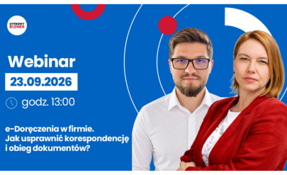 Grafika promująca webinar „e-Doręczenia w firmie. Jak usprawnić korespondencję i obieg dokumentów?”. Webinar odbędzie się 23 września 2026 r. o godz. 13:00. Na grafice zdjęcie kobiety w czerwonej marynarce i mężczyzny w okularach oraz oznaczenie „Biznes.gov.pl”.