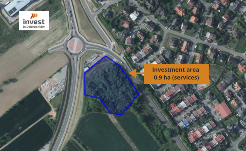 A section of the map with the outline of the plot marked. Investment area 0.9 ha (services). Invest in Dzierżoniów logo