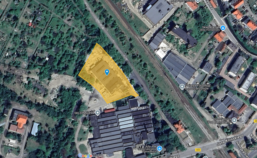 A section of the map showing the investment area. The property is built up with a hall.