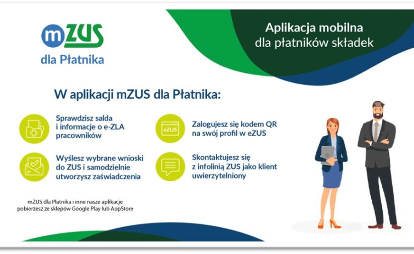 Grafika ZUS prezentująca niektóre funkcjonalności aplikacji mZUS dla Płatnika