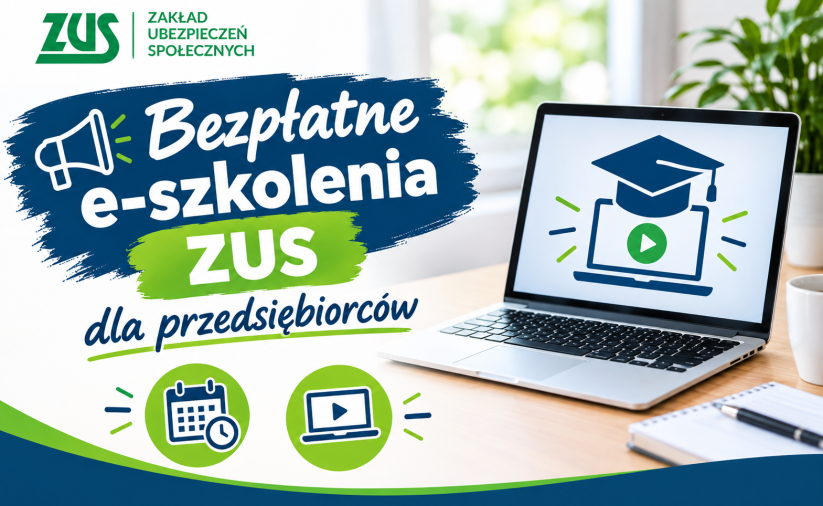 Grafika promująca bezpłatne e-szkolenia ZUS dla przedsiębiorców. Widoczny laptop symbolizujący szkolenie online oraz hasło „Bezpłatne e-szkolenia ZUS dla przedsiębiorców”. Grafika utrzymana jest w kolorystyce granatowej, zielonej i białej.