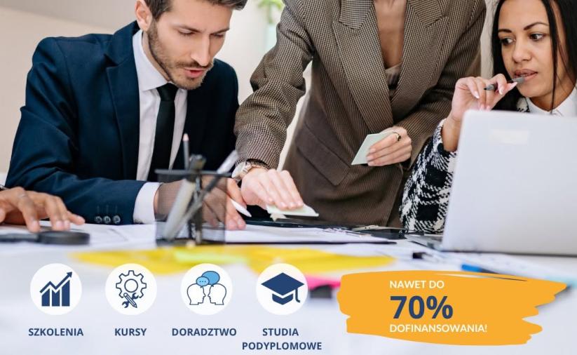 Plakat informujący o dotacjach na uszługi rozwojowe dla dolnośląskich firm