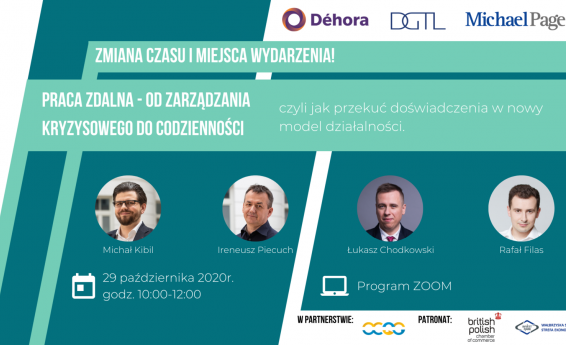 Obraz przedstawia plakat informujący o spotkaniu "Praca zdalna – od zarządzania kryzysowego do codzienności. Czyli jak przekuć doświadczenia w nowy model działalności"