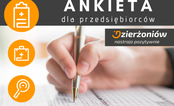 Obraz przedstawia dłoń, która trzyma długopis nad kartką papieru. Na górze obrazka znajdują się napisy: ankieta dla przedsiębiorców i Dzierżoniów nastraja pozytywnie.