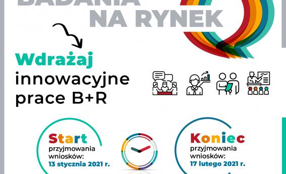 Badania na rynek. Wdrażaj innowacyjne prace B+R. Start przyjmowania wniosków: 13 stycznia 2021r. Koniec przyjmowania wniosków 17 lutego 2021r. Plakat zwiera logotypy PARP i Funduszy Europejskich oraz flagi Rzeczpospolitej Polski i Unii Europejskiej 