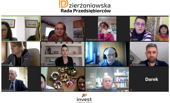 Screenshot from vidoconferencji, showing members of Dzierżoniów Council of Entrepreneurs