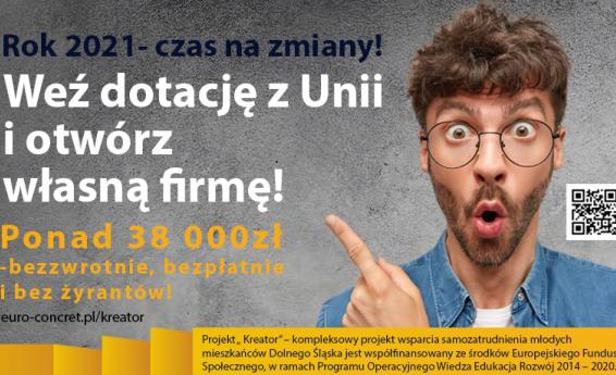 Plakat informujący o dotacjach na rozpoczęcie działalności gospodarczej dla osób poniżej 30 roku życia
