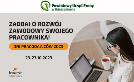 Zadbaj o rozwój swojego pracownika. Dni Przedsiębiorców 23-27 października 2023 roku. Po prawej stronie kobieta siedzi przy laptopie z kubkiem herbaty w ręce.