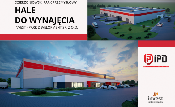 Dzierżoniowski Park Przemysłowy - hale do wynajęcia. Widok na hale produkcyjne. Po prawej stronie logo Invest Park Development oraz Invest in Dzierżoniów.