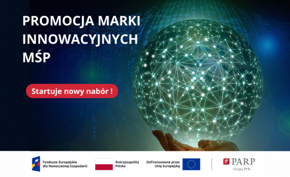 Promocja marki innowacyjnych MŚP. Startuje nowy nabór. W tle grafika dekoracyjna. Pod grafiką znajdują się loga: Fundusze Europejskie dla Nowoczesnej Gospodarki, Rzeczypospolita Polska, Polska Agencja Rozwoju Przedsiębiorczości.