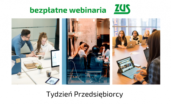 Bezpłatne webinaria ZUS, Tydzień Przedsiębiorcy. Na środku grafika. Osoby siedzą przy stole i rozmawiają.
