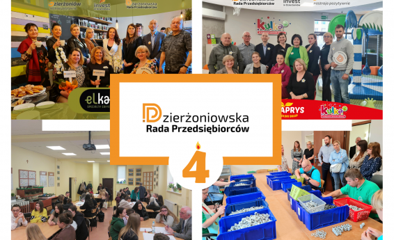 4 lata Dzierżoniowskiej Rady Przedsiębiorców. W tle stoją przedstawiciele Dzierżoniowskiej Rady Przedsiębiorców.