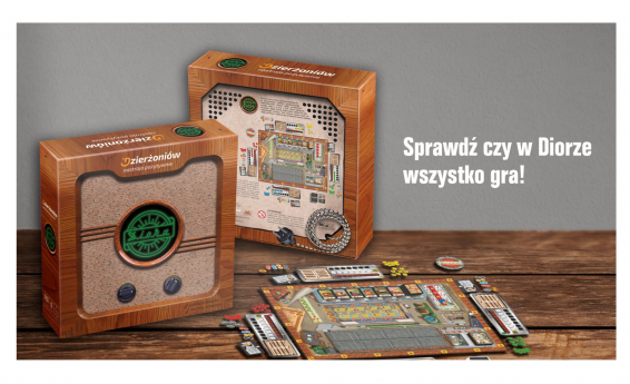 Sprawdź czy w Diorze wszystko gra! Na blacie rozłożona plansza do gry. Po lewej stronie znajduje się opakowanie do gry Diora.