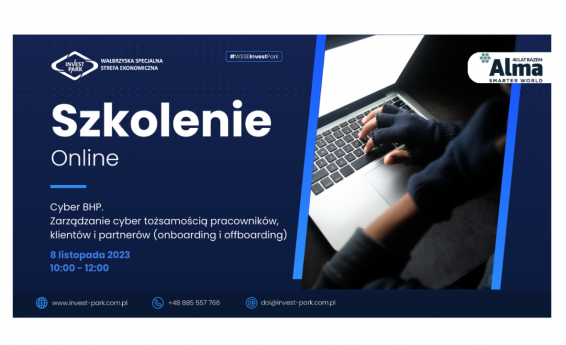 Szkolenie online: Cyber BHP. Zarządzanie cyber tożsamością pracowników, klientów i partnerów (onboarding i offboarding). 8 listopad 2023 10:00-12:00. Po prawej stronie grafika dekoracyjna.
