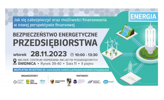 Bezpieczeństwo Energetyczne przedsiębiorstwa, szkolenie  28.11.2023 godz. 10:00-13:30, Miejsce: Miejskie Centrum Wspierania Inicjatyw Pozarządowych w Świdnicy. Po prawej stronie grafika dekoracyjna.