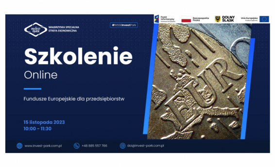 Szkolenie online: Fundusze Europejskie dla przedsiębiorstw, 15 listopada 2023, 10:00 - 11:30. Po prawej stronie grafika dekoracyjna.