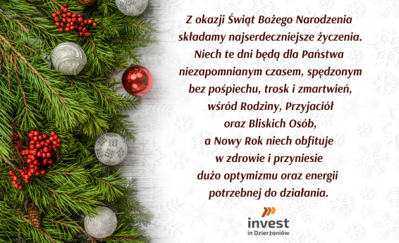 Życzenia świąteczne. Po lewej stronie grafika świąteczna, gałązki świerku, kolorowe bombki.