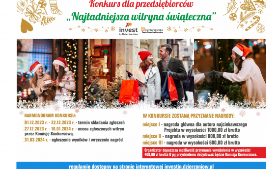 Konkurs na najładniejszą witrynę świąteczną dla przedsiębiorców. W tle osoby na tle witryn świątecznych trzymają prezenty. Pod grafiką harmonogram konkursu oraz informacja o nagrodach.
