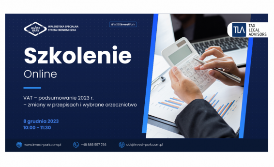 Szkolenie online VAT - podsumowanie 2023 r. - zmiany w przepisach i wybrane orzecznictwo. 8 grudnia 2023 r. godz. 10:00 - 11:30Po prawej stronie grafika dekoracyjna.