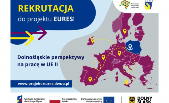 Plakat informacyjny: Rekrutacja do Projektu EURES Dolnośląskie perspektywy na pracę w UE II, www.projekt-eures.dwup, Znak Funduszy Europejskich, flaga Polski, znak Unii Europejskiej, logotypy: Dolny Śląsk, DWUP, EURES. Po prawej stronie zarys mapy Europy.