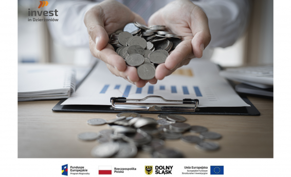 Garść monet wysypuje się z rąk na stół. w tle kartka z wykresem. Pod grafiką loga: Unia Europejska, Rzeczpospolita Polska, Dolny Śląsk.,