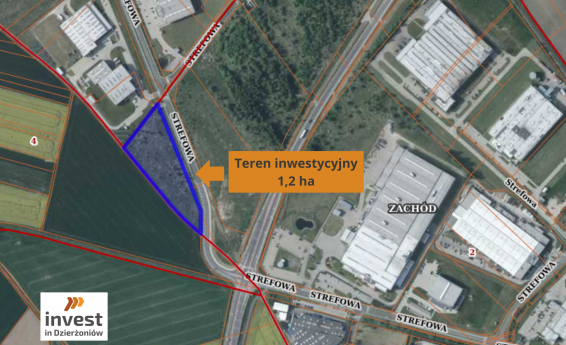 Wycinek mapy Dzierżoniowa z zaznaczonym terem inwestycyjnym 1,2 ha. W lewym dolnym rogu logo Invest in Dzierżoniów.