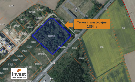Wycinek mapy Dzierżoniowa z zaznaczonym terem inwestycyjnym 0,85 ha. W lewym dolnym rogu logo Invest in Dzierżoniów.