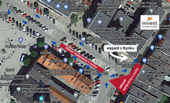 Wycinek mapy pokazujący Rynek Dzierżoniowa z zaznaczonymi obszarami na których prowadzone są prace remontowe oraz wyjazd z rynku. Logo Invest in Dzierżoniów.