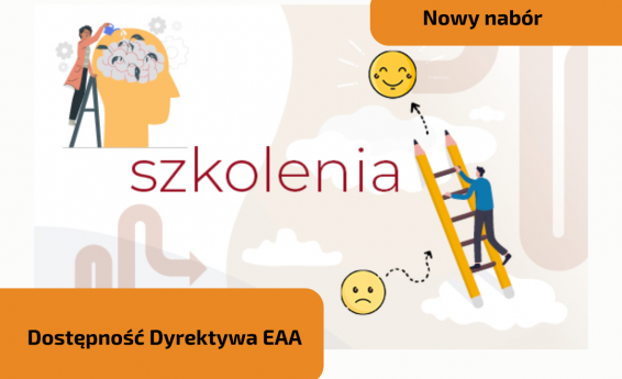 Szkolenia, Dostępność Dyrektywa EAA, nabór wniosków. W tle grafika dekoracyjna.