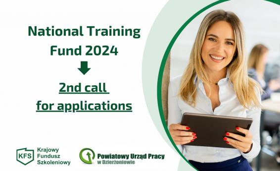 National Training Fund - 2nd recruitment of applicants 2024. On the right, a woman is standing, holding a tablet in her hands. Below are the logos of the National Training Fund and the District Labor Office in Dzierżoniów