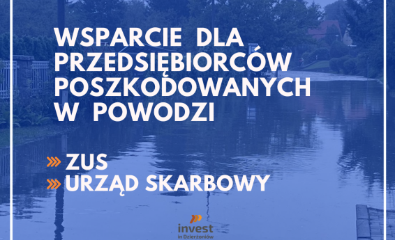 Wsparcie dla przedsiębiorców poszkodowanych w powodzi: ZUS, Urząd Skarbowy. Logotyp Invest in Dzierżoniów. Napisy na tle ulicy zalanej wodą.