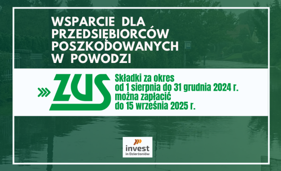 Wsparcie dla przedsiębiorców poszkodowanych w powodzi: ZUS. Logotyp Invest in Dzierżoniów. Napisy na tle ulicy zalanej wodą.