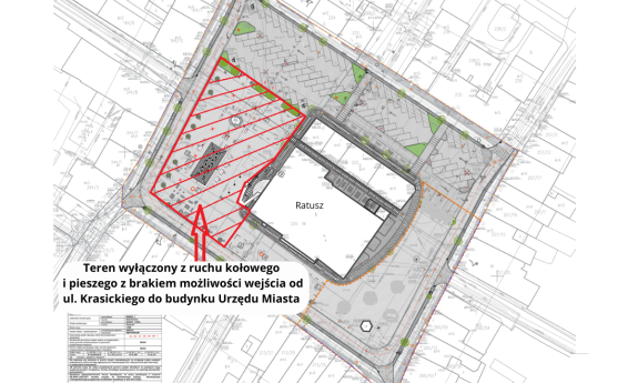 Wycinek mapy pokazujący Rynek Dzierżoniowa z zaznaczonymi obszarami na których prowadzone są prace remontowe .