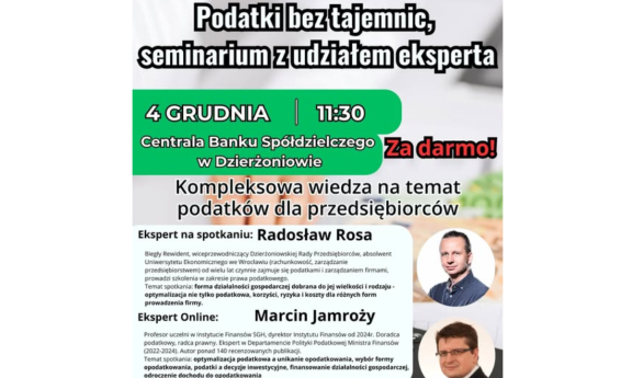 Szkolenie dla przedsiębiorców. Podatki bez tajemnic, seminarium z udziałem eksperta. W tle grafika dekoracyjna.